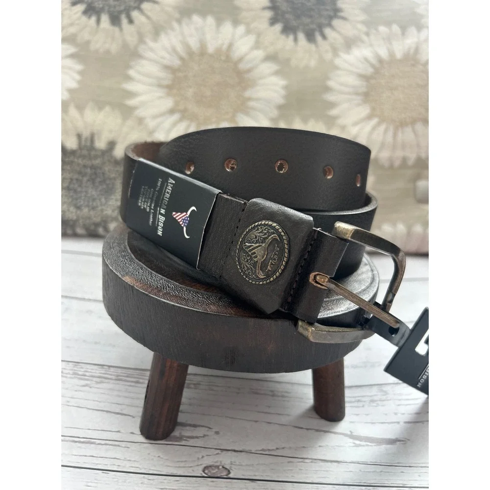 American Bison Mens Brown Top Grain Leather Belt Size 34 Brass Buckle Concho NEW